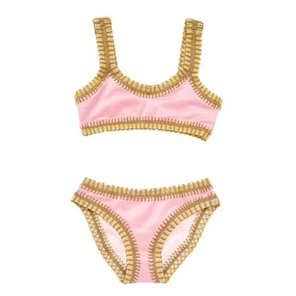NWT PIlyq 4 Girls Denim Sporty Pink Gold Embroidered Bikini 118589